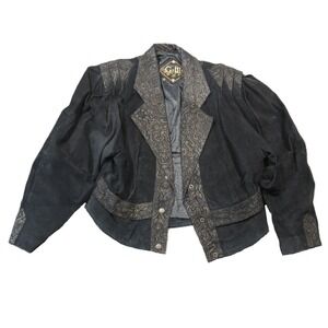 Vtg 80s G-III Jacket Women L Black Suede Leather Paisley Trim Cropped Whimsigoth